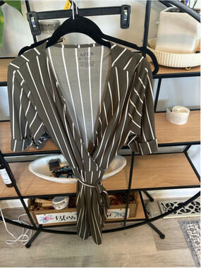 Women's APT. 9 Olive Green & White Stripe Wrap Blouse M